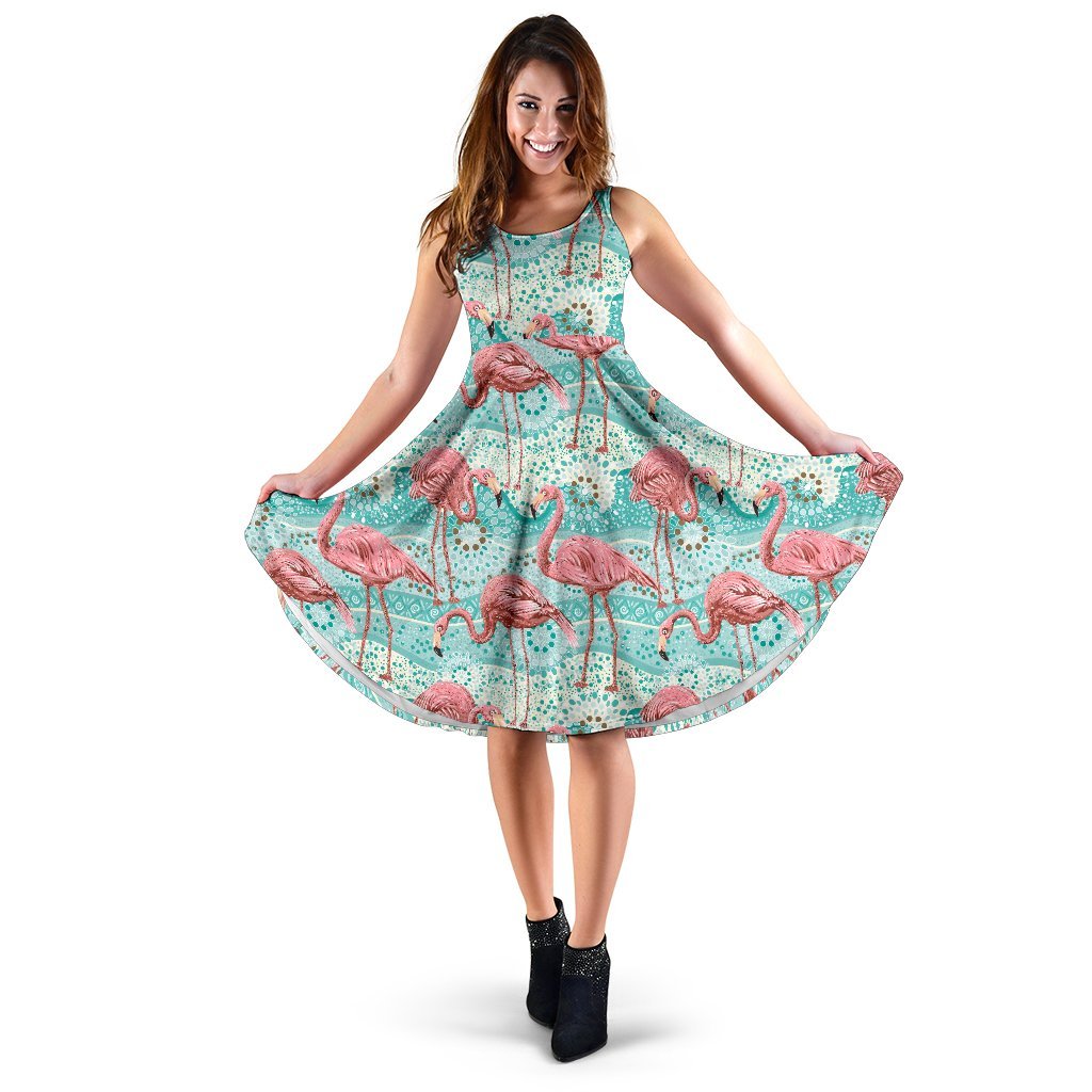 Flamingo Background Themed Print Sleeveless Dress