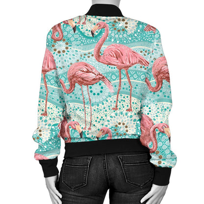 Flamingo Background Themed Print Women Casual Bomber Jacket
