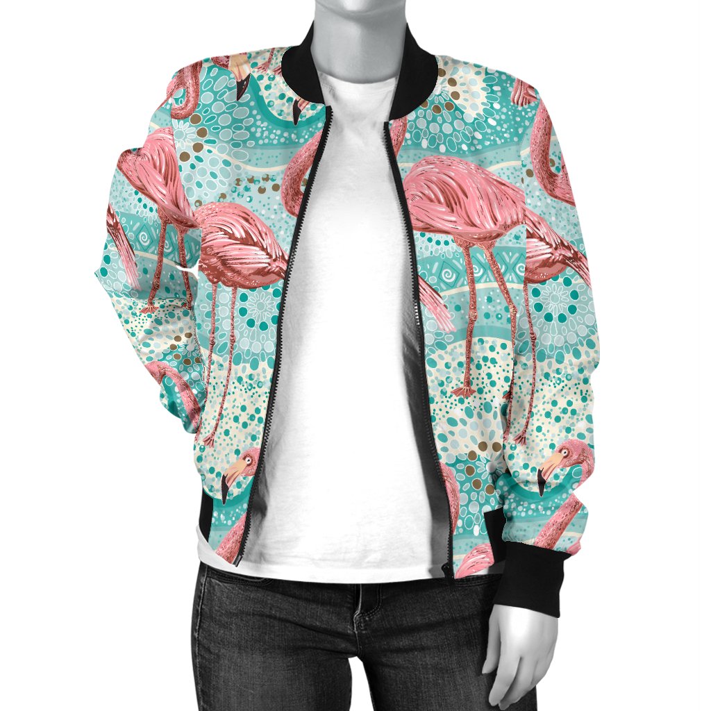 Flamingo Background Themed Print Women Casual Bomber Jacket