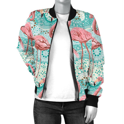 Flamingo Background Themed Print Women Casual Bomber Jacket