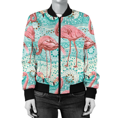 Flamingo Background Themed Print Women Casual Bomber Jacket