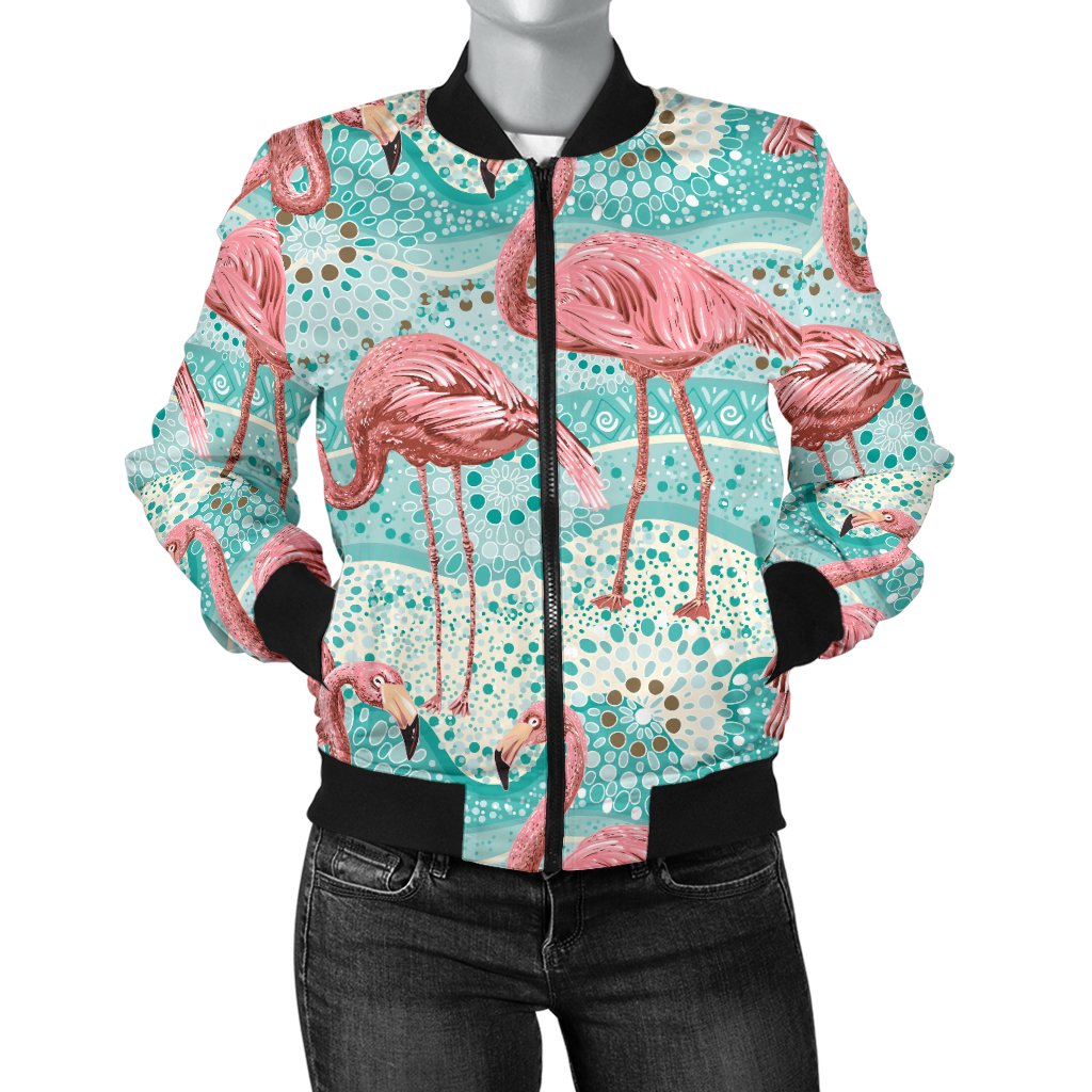 Flamingo Background Themed Print Women Casual Bomber Jacket