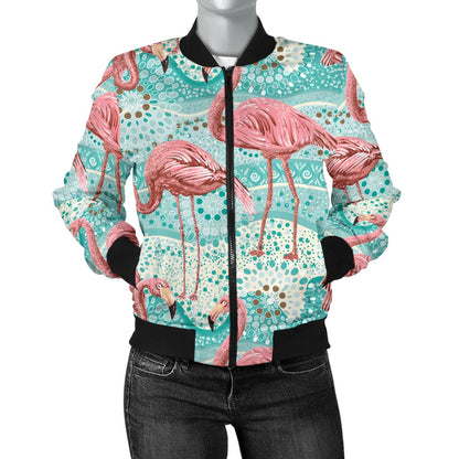 Flamingo Background Themed Print Women Casual Bomber Jacket
