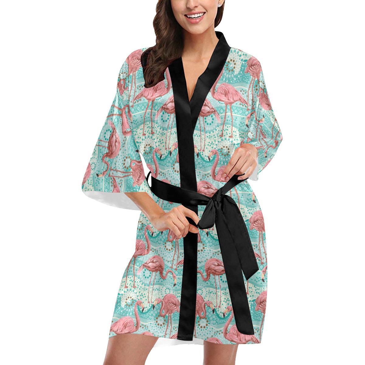 Flamingo Background Themed Print Women Short Kimono Robe