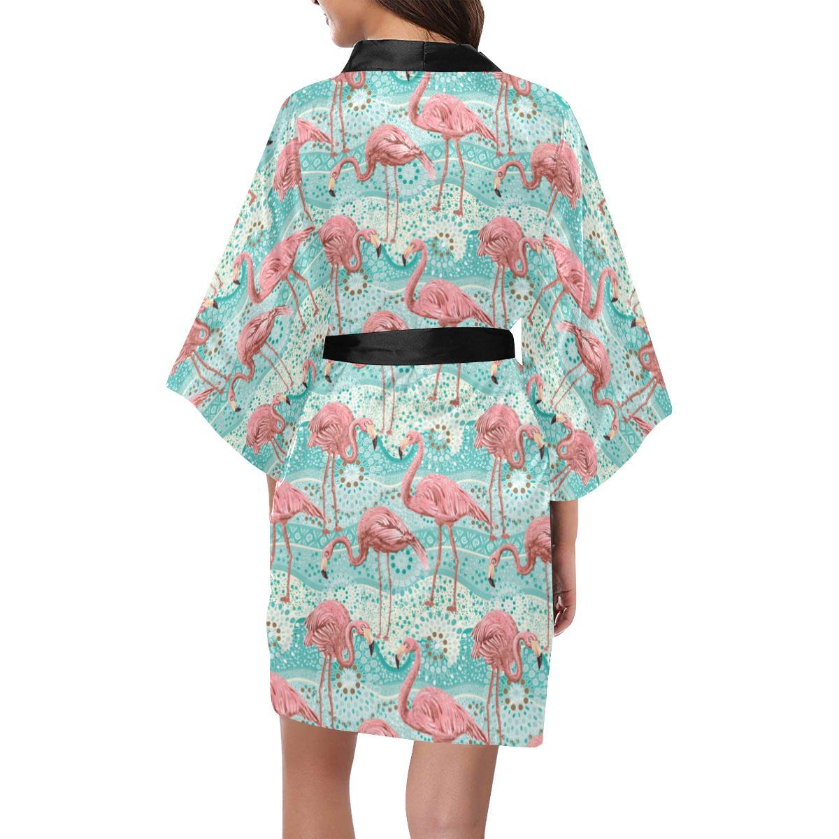 Flamingo Background Themed Print Women Short Kimono Robe