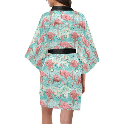 Flamingo Background Themed Print Women Short Kimono Robe