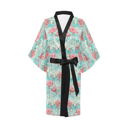 Flamingo Background Themed Print Women Short Kimono Robe
