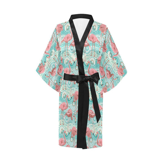 Flamingo Background Themed Print Women Short Kimono Robe