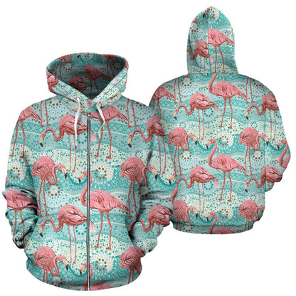 Flamingo Background Themed Print Zip Up Hoodie