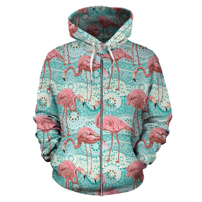 Flamingo Background Themed Print Zip Up Hoodie