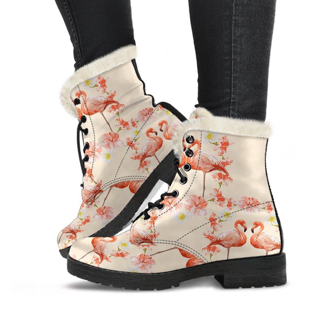 Flamingo Hibiscus Print Pattern Faux Fur Leather Boots-JTAMIGO.COM
