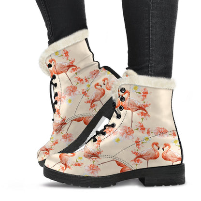 Flamingo Hibiscus Print Pattern Faux Fur Leather Boots-JTAMIGO.COM