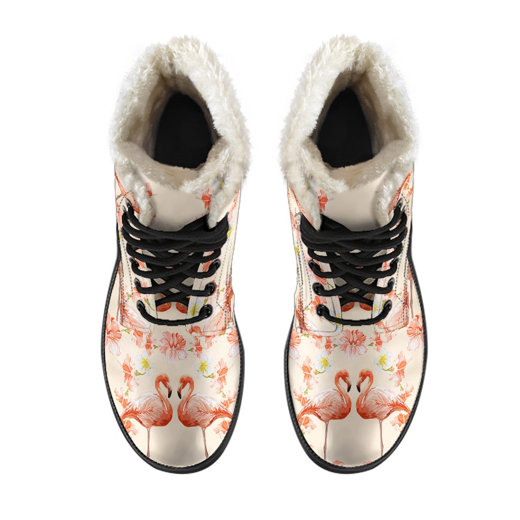 Flamingo Hibiscus Print Pattern Faux Fur Leather Boots-JTAMIGO.COM