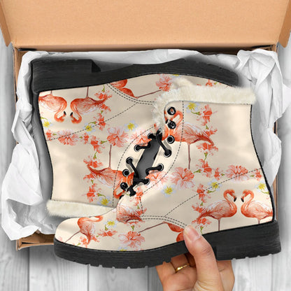 Flamingo Hibiscus Print Pattern Faux Fur Leather Boots-JTAMIGO.COM