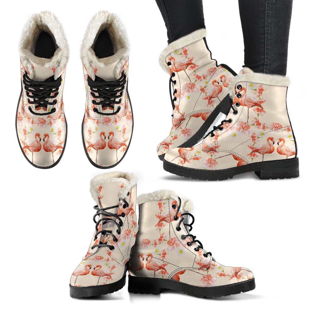 Flamingo Hibiscus Print Pattern Faux Fur Leather Boots-JTAMIGO.COM