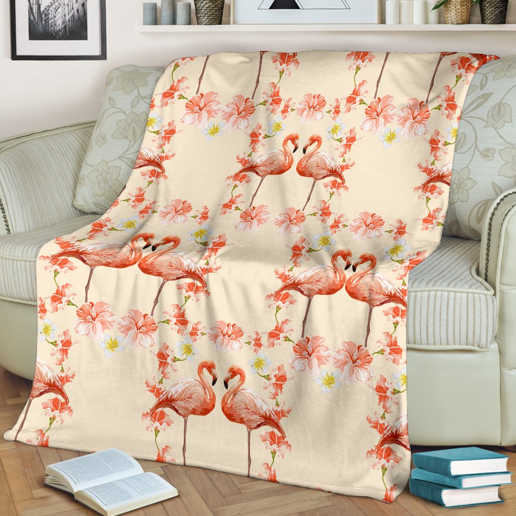 Flamingo Hibiscus Print Pattern Fleece Blanket