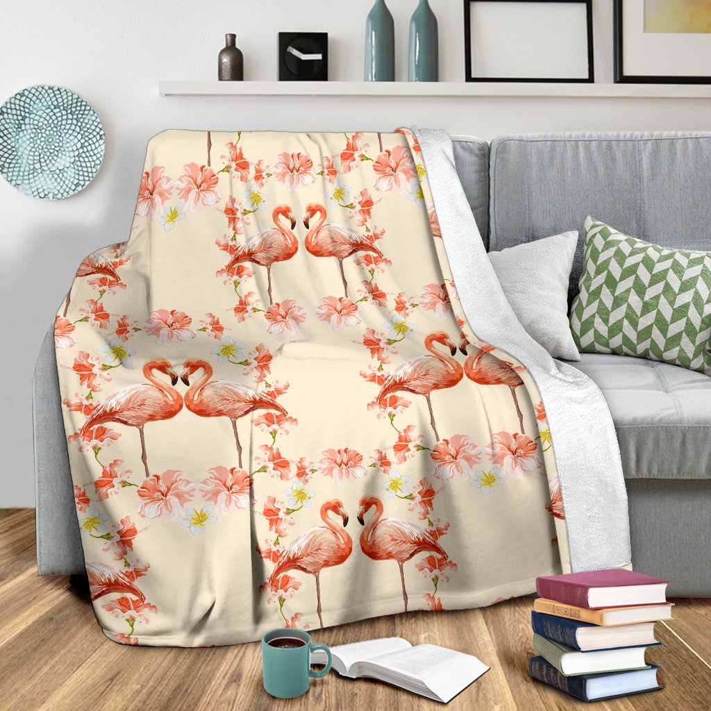 Flamingo Hibiscus Print Pattern Fleece Blanket