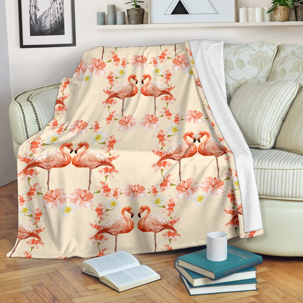 Flamingo Hibiscus Print Pattern Fleece Blanket