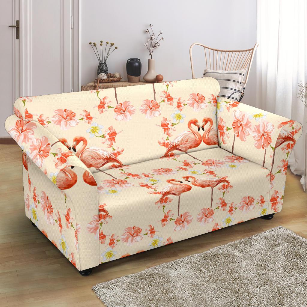 Flamingo Hibiscus Print Pattern Loveseat Slipcover-JTAMIGO.COM