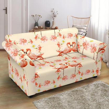 Flamingo Hibiscus Print Pattern Loveseat Slipcover-JTAMIGO.COM