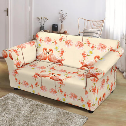 Flamingo Hibiscus Print Pattern Loveseat Slipcover-JTAMIGO.COM