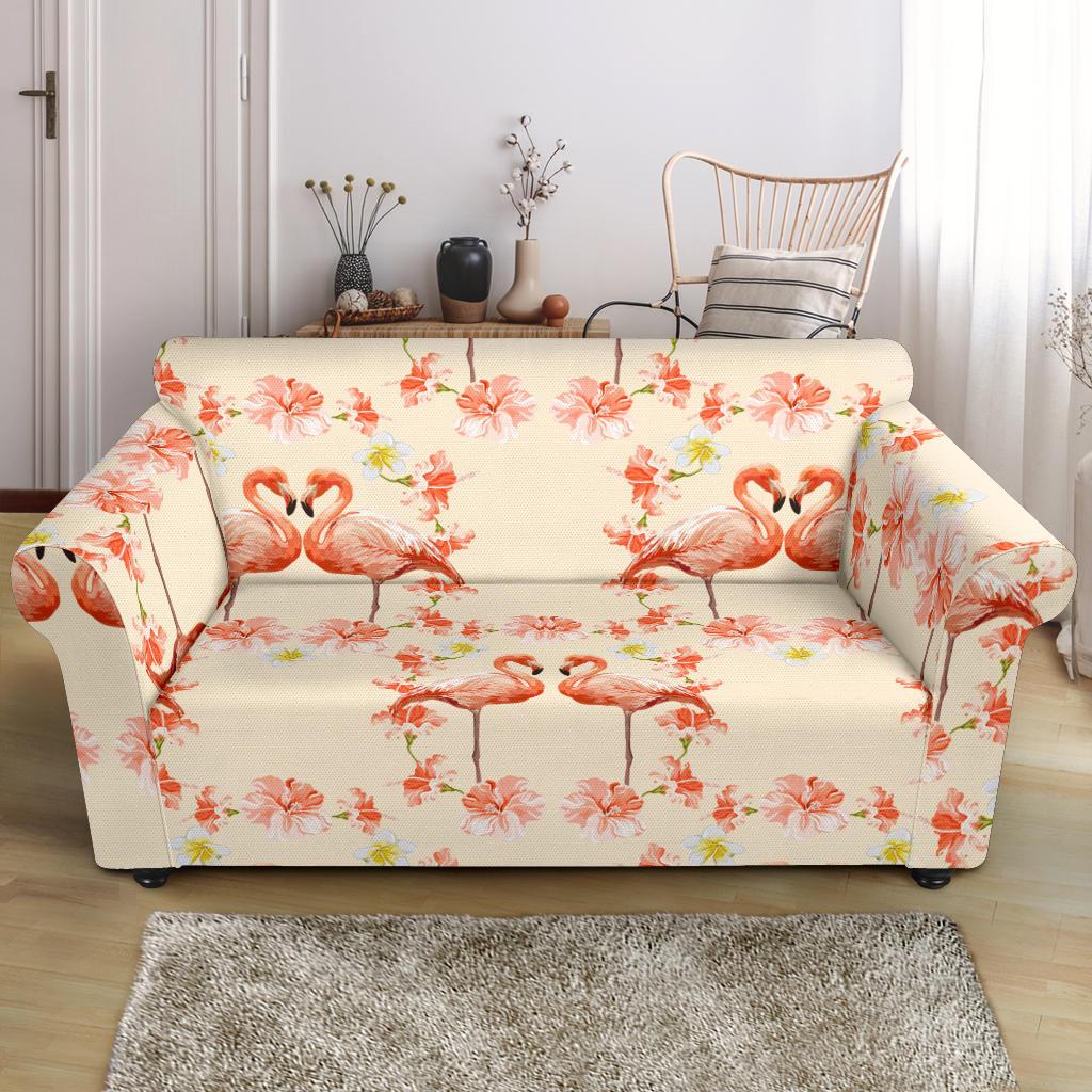 Flamingo Hibiscus Print Pattern Loveseat Slipcover-JTAMIGO.COM