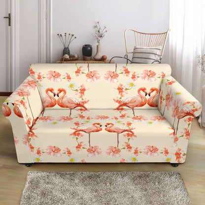 Flamingo Hibiscus Print Pattern Loveseat Slipcover-JTAMIGO.COM