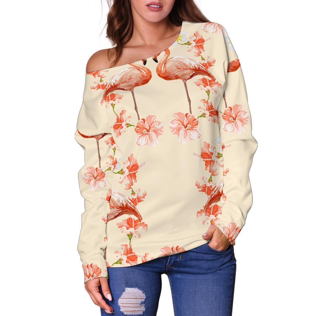Flamingo Hibiscus Print Pattern Off Shoulder Sweatshirt