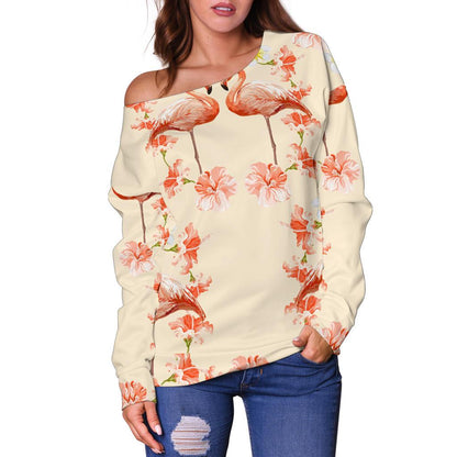 Flamingo Hibiscus Print Pattern Off Shoulder Sweatshirt