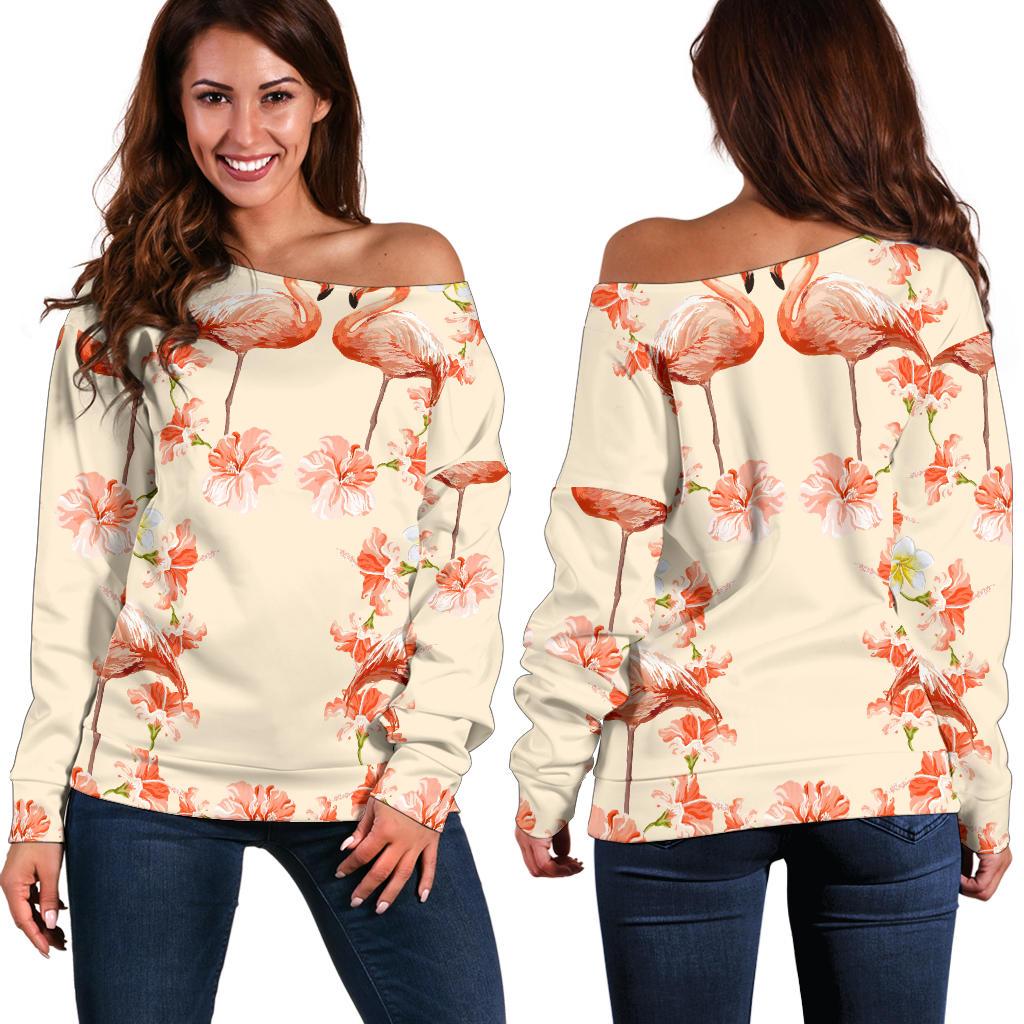 Flamingo Hibiscus Print Pattern Off Shoulder Sweatshirt