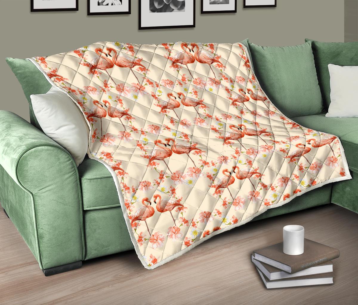 Flamingo Hibiscus Print Pattern Premium Quilt-JTAMIGO.COM