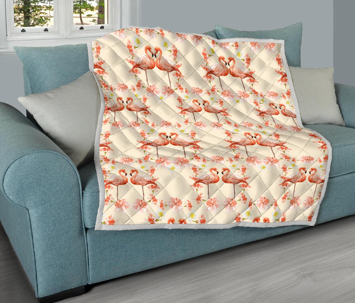 Flamingo Hibiscus Print Pattern Premium Quilt-JTAMIGO.COM