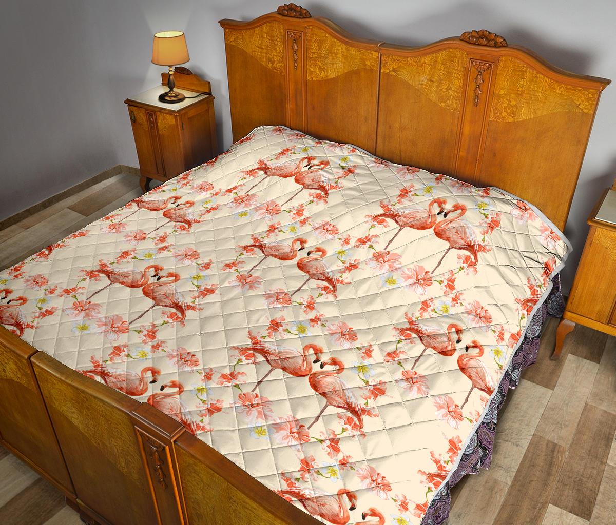 Flamingo Hibiscus Print Pattern Premium Quilt-JTAMIGO.COM