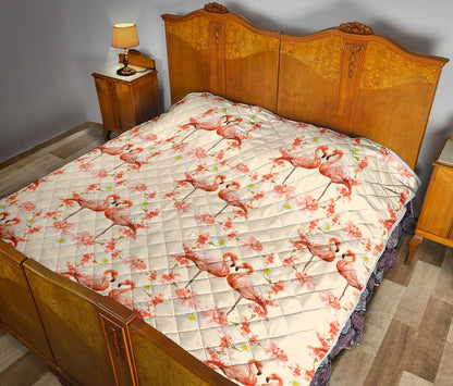Flamingo Hibiscus Print Pattern Premium Quilt-JTAMIGO.COM