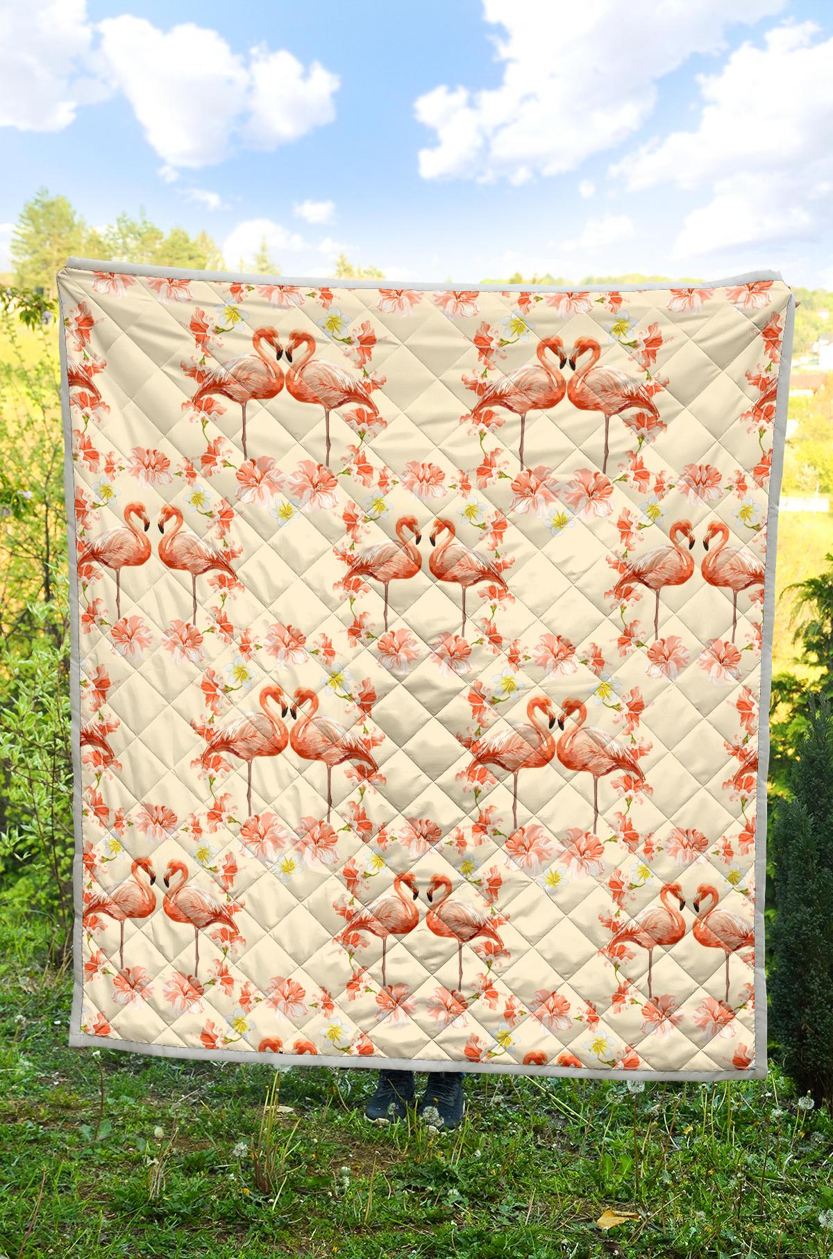 Flamingo Hibiscus Print Pattern Premium Quilt-JTAMIGO.COM