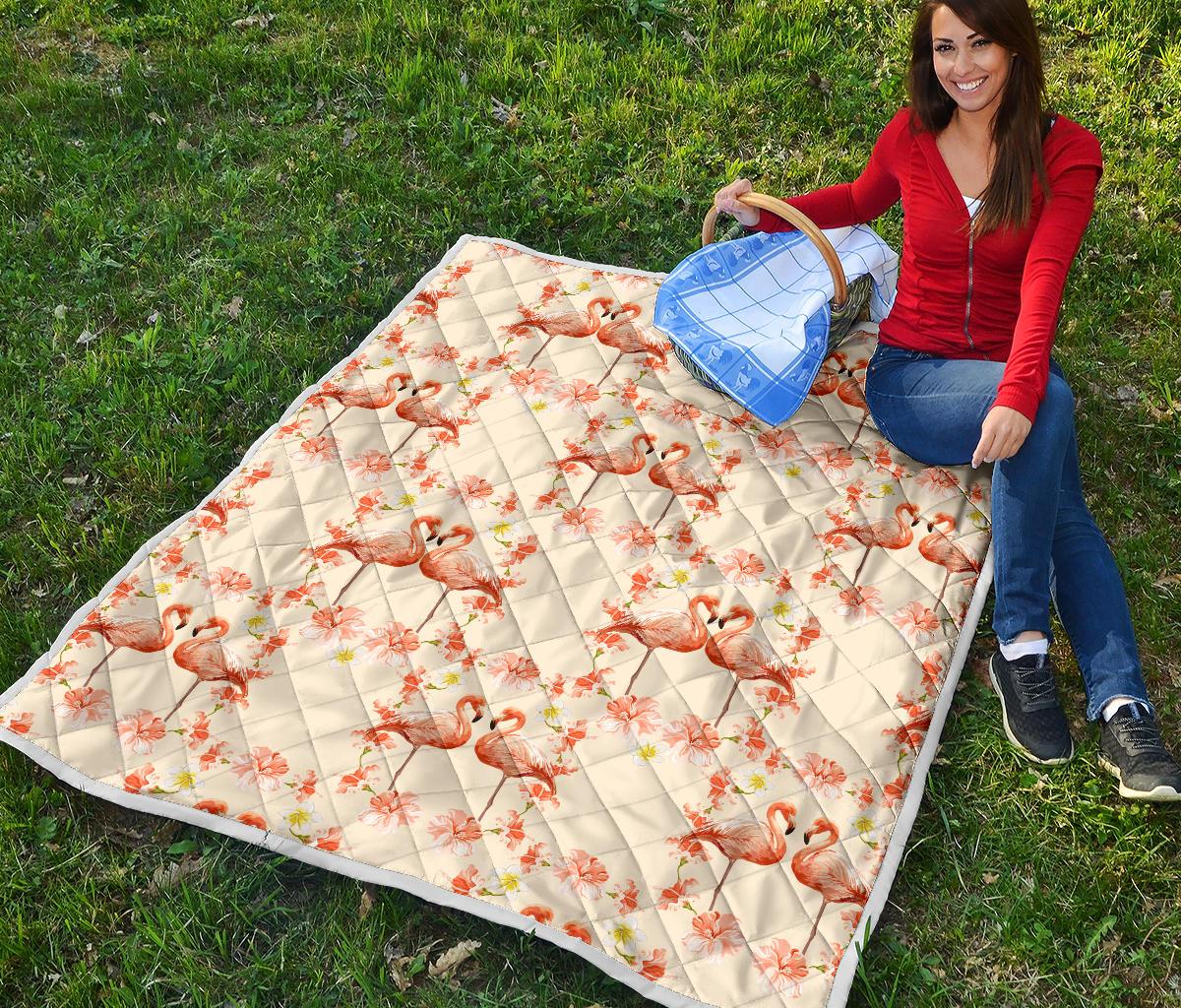 Flamingo Hibiscus Print Pattern Premium Quilt-JTAMIGO.COM