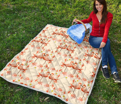 Flamingo Hibiscus Print Pattern Premium Quilt-JTAMIGO.COM