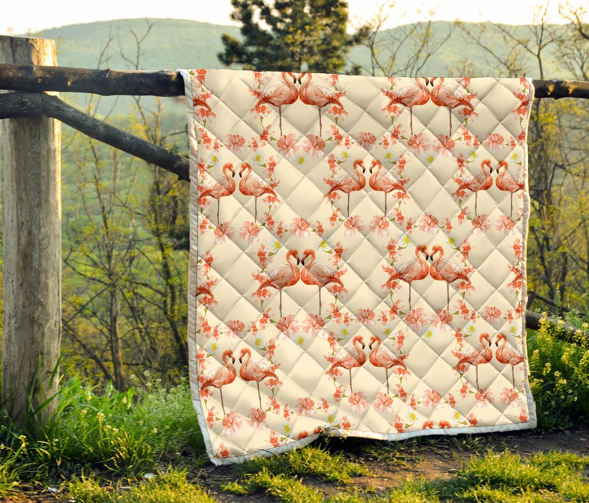 Flamingo Hibiscus Print Pattern Premium Quilt-JTAMIGO.COM