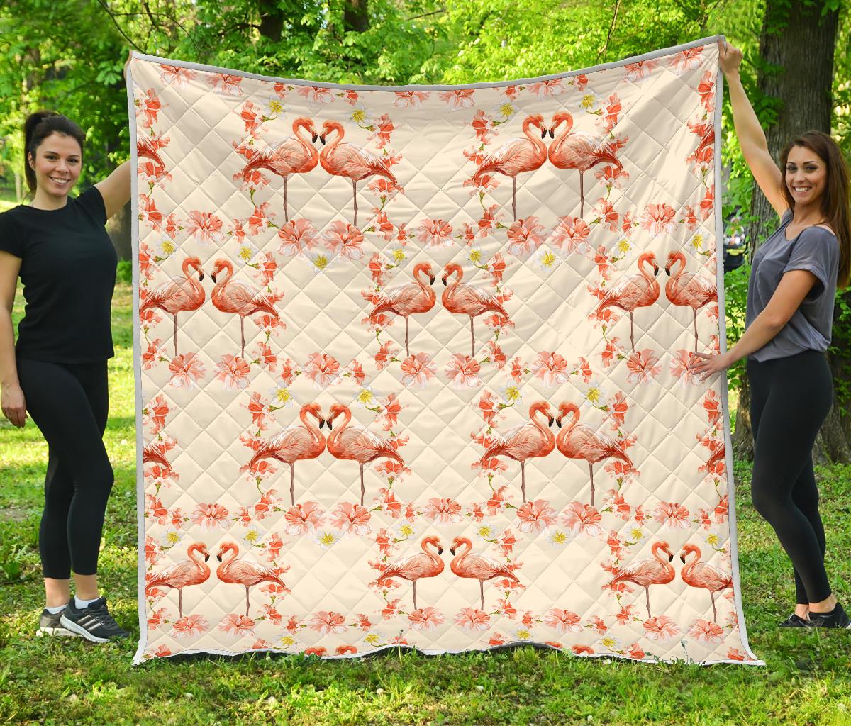 Flamingo Hibiscus Print Pattern Premium Quilt-JTAMIGO.COM