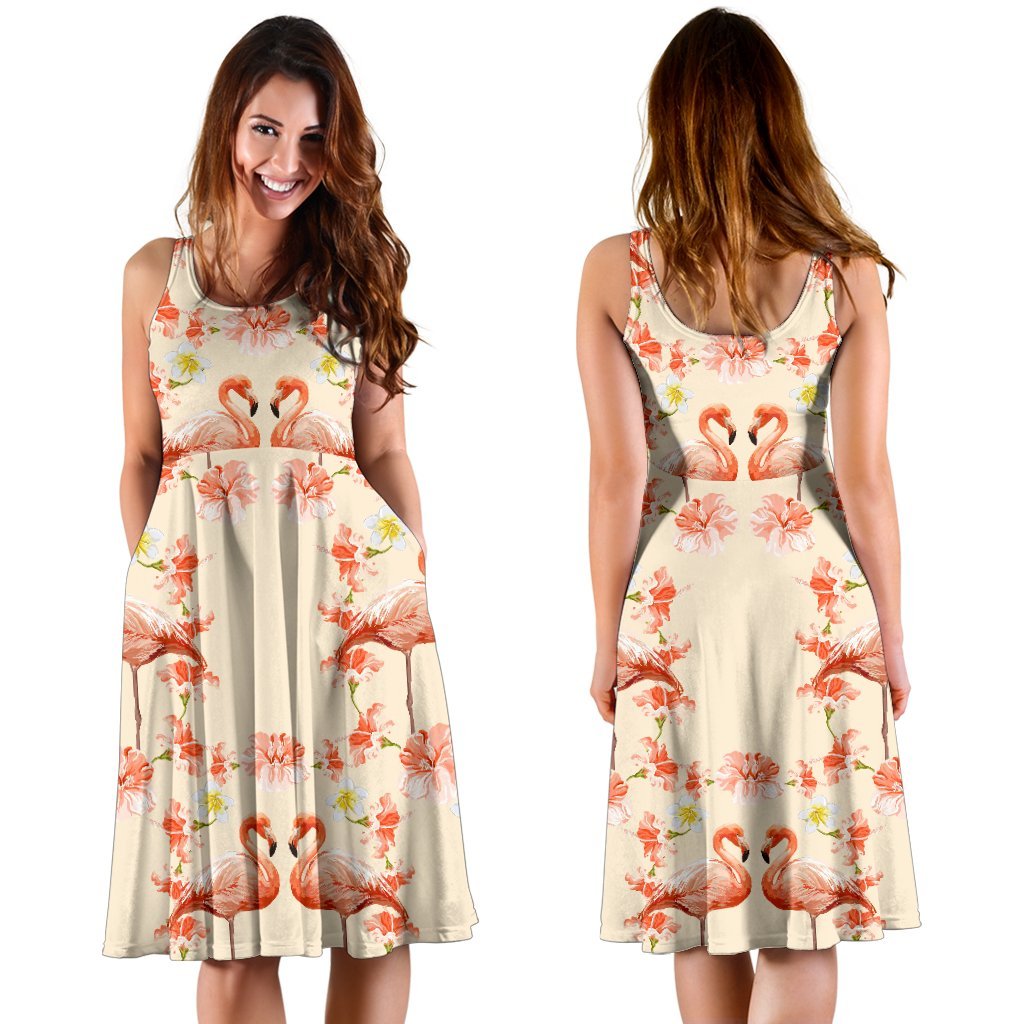 Flamingo Hibiscus Print Pattern Sleeveless Dress