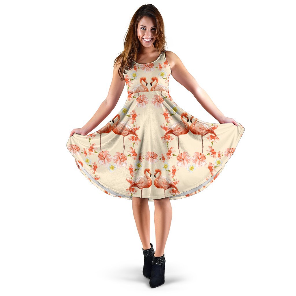 Flamingo Hibiscus Print Pattern Sleeveless Dress