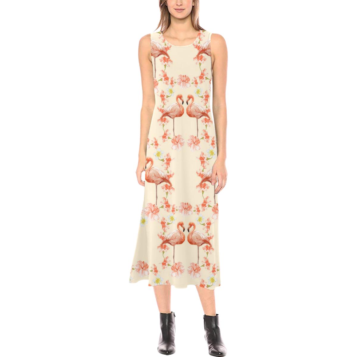 Flamingo Hibiscus Print Pattern Sleeveless Open Fork Long Dress (Model D08)-JTAMIGO.COM