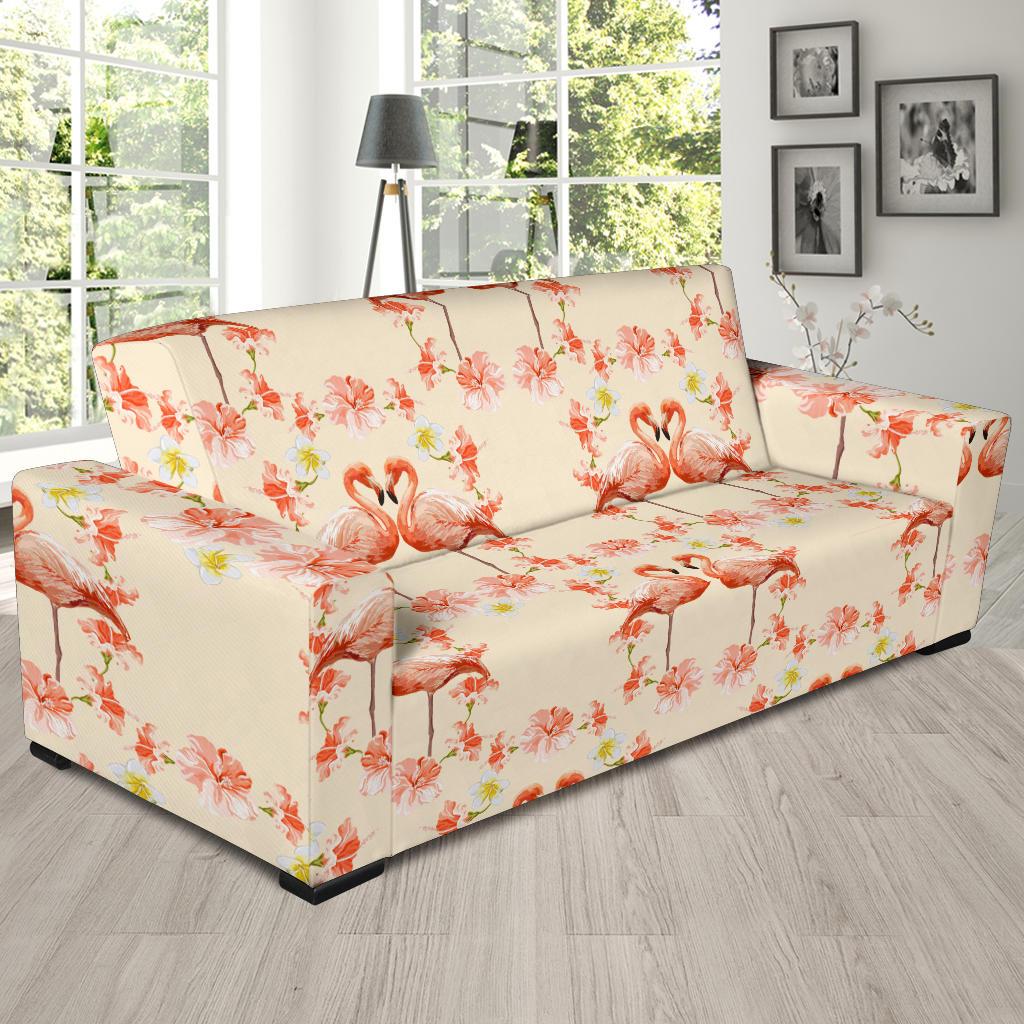 Flamingo Hibiscus Print Pattern Sofa Slipcover-JTAMIGO.COM