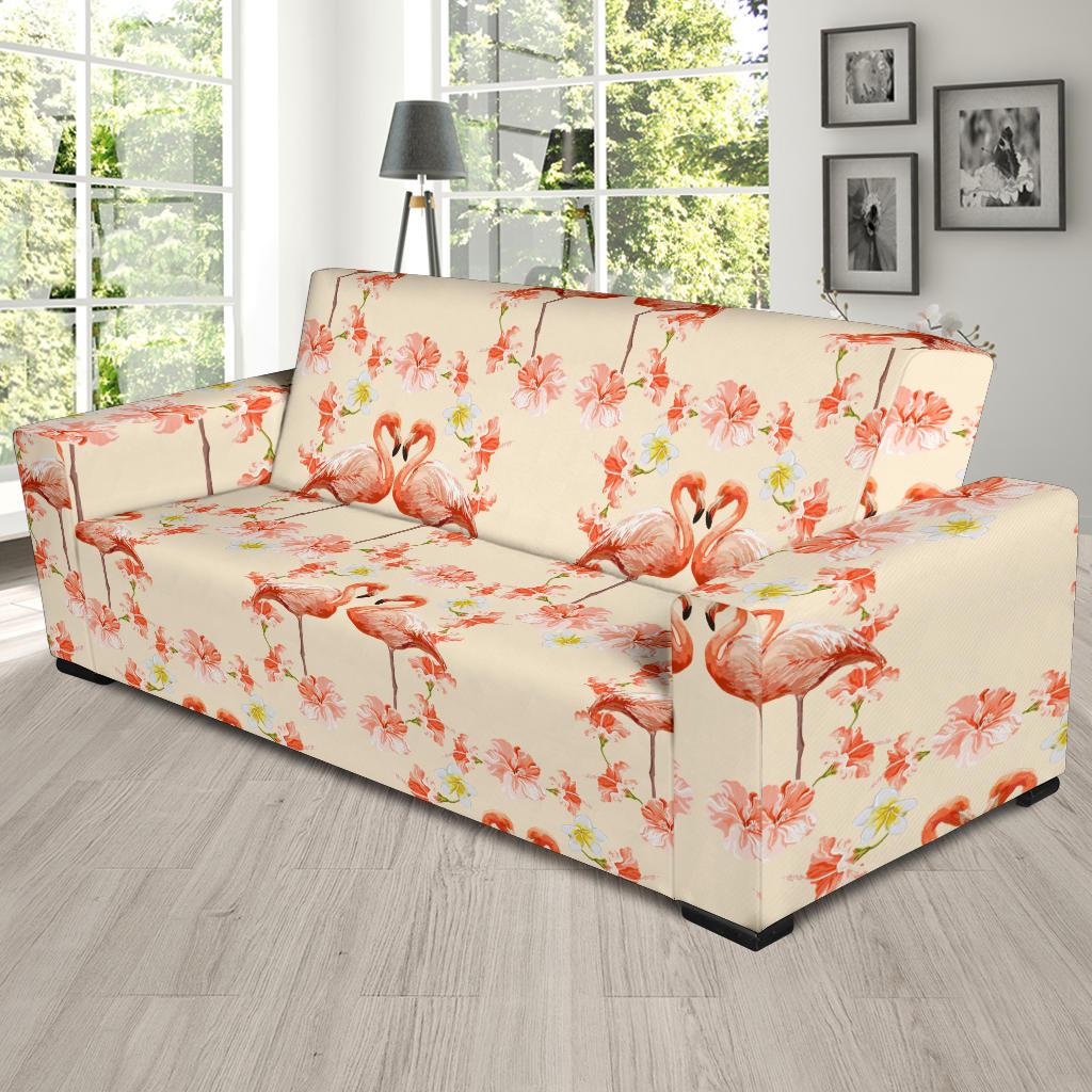 Flamingo Hibiscus Print Pattern Sofa Slipcover-JTAMIGO.COM