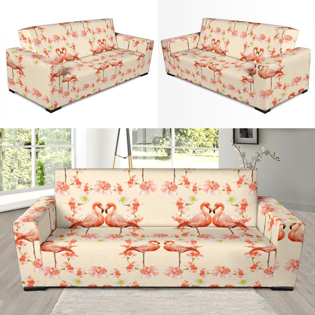 Flamingo Hibiscus Print Pattern Sofa Slipcover-JTAMIGO.COM