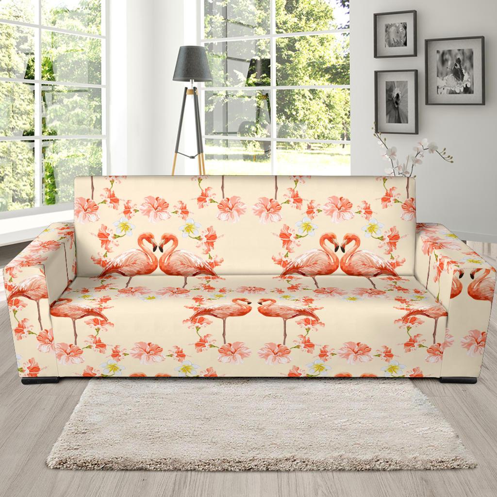 Flamingo Hibiscus Print Pattern Sofa Slipcover-JTAMIGO.COM