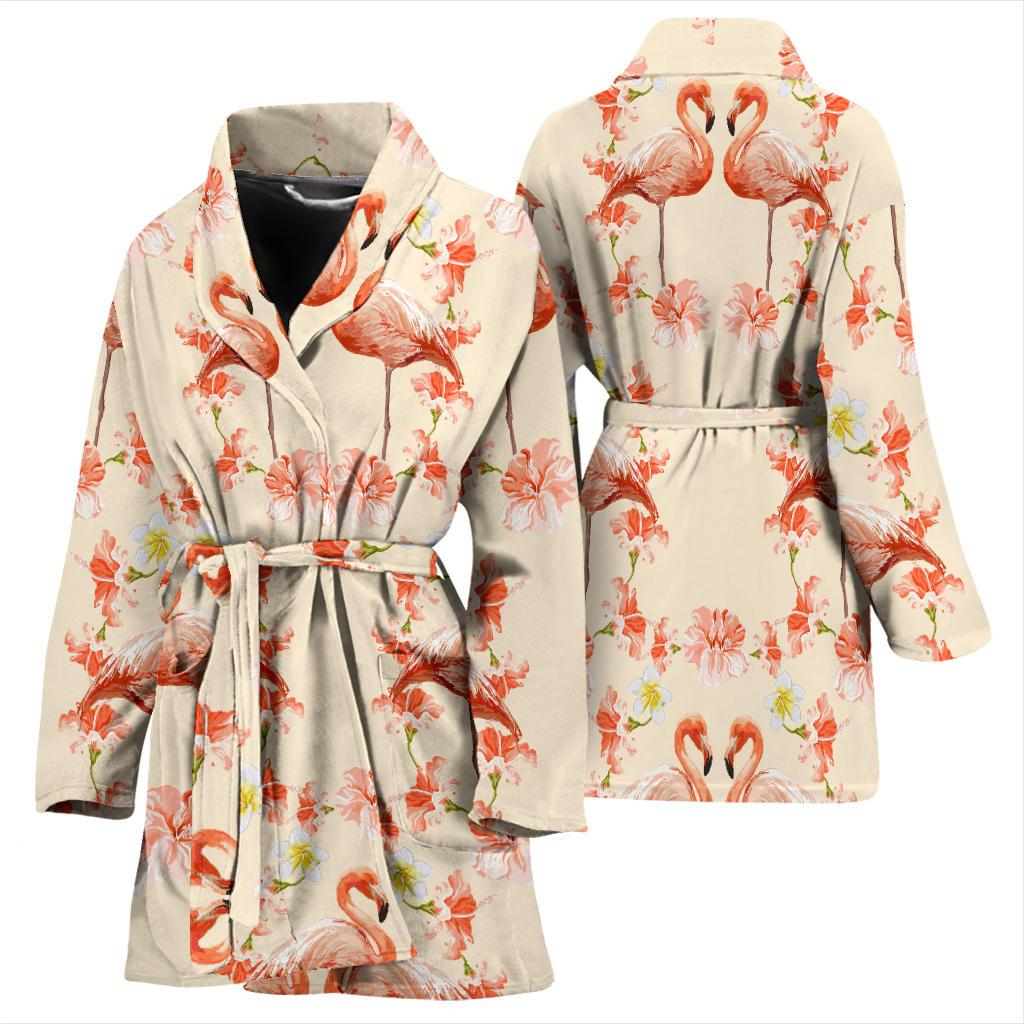 Flamingo Hibiscus Print Pattern Women Bath Robe-JTAMIGO.COM