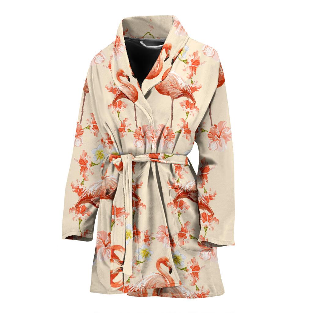 Flamingo Hibiscus Print Pattern Women Bath Robe-JTAMIGO.COM