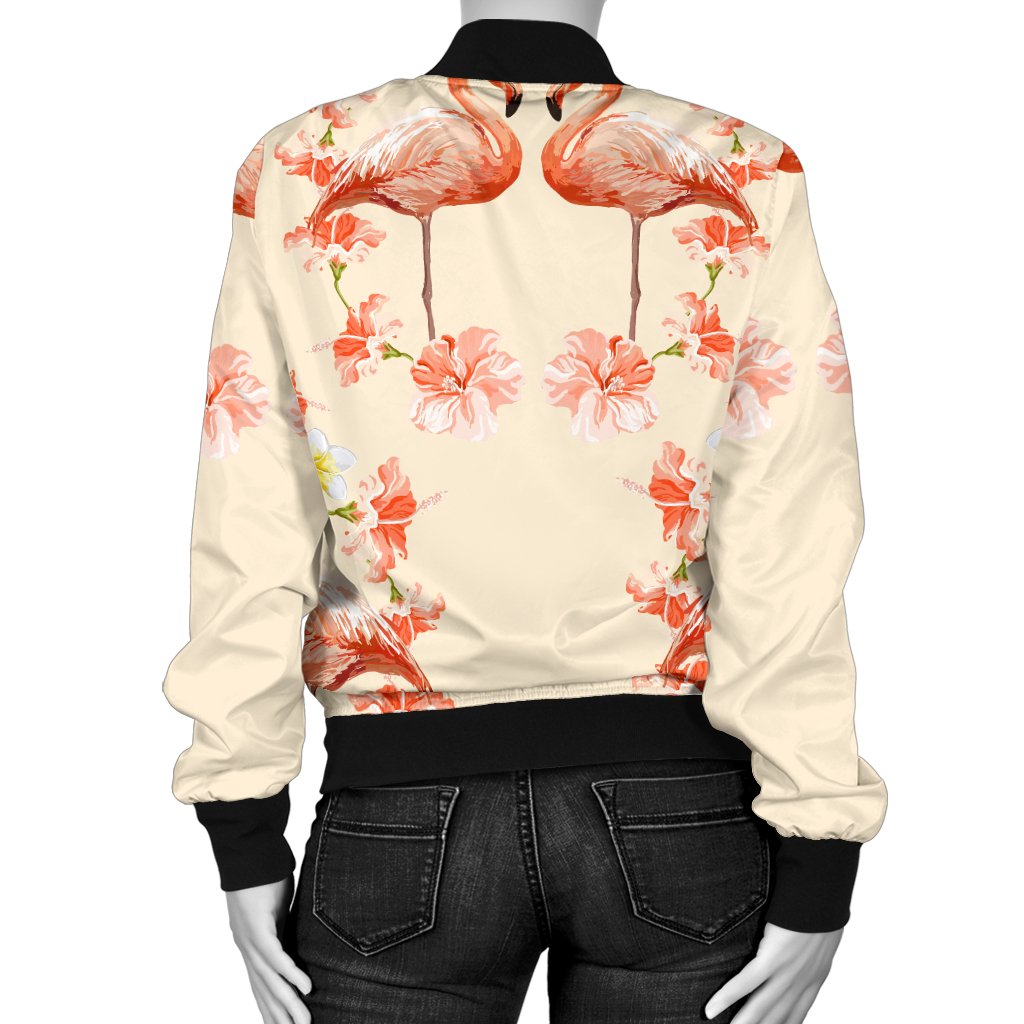 Flamingo Hibiscus Print Pattern Women Casual Bomber Jacket