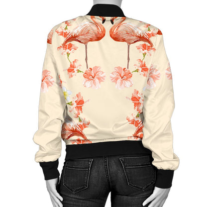 Flamingo Hibiscus Print Pattern Women Casual Bomber Jacket